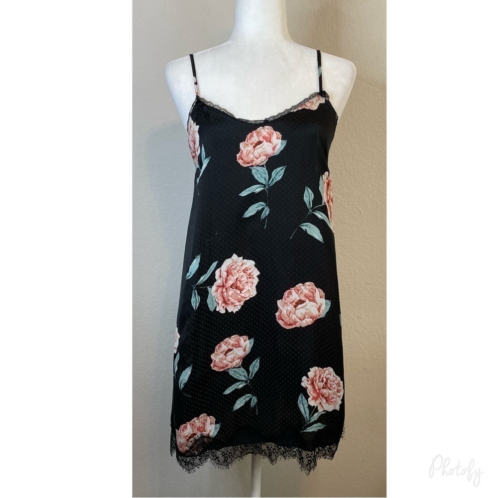 Wet Seal Black Y2K Pink Rose Lace Slip Dress Nightie Size Large